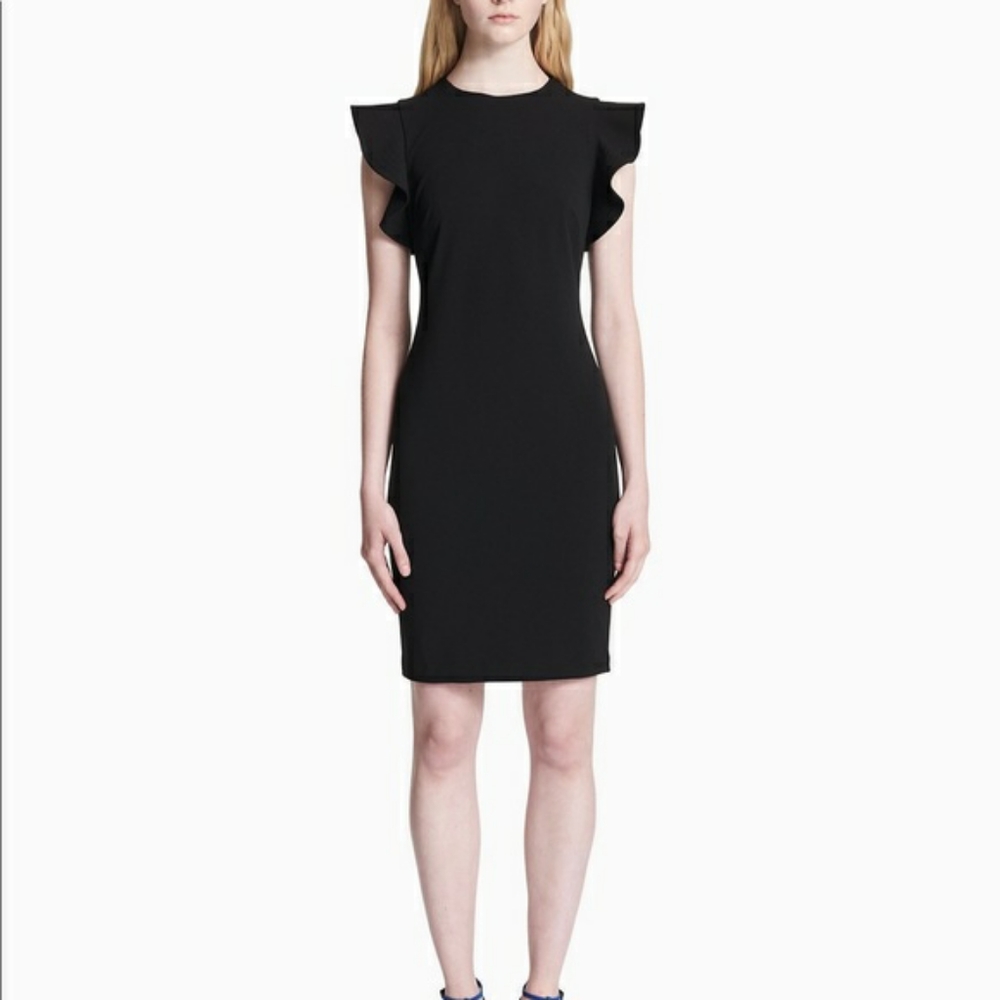 Calvin Klein Dress Black Sheath Ruffle Sleeve Feminine NEW Officewear Event